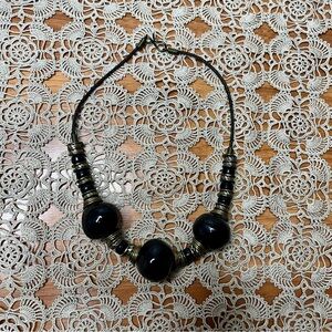 Vintage Black Irregular Glass Ceramic Beaded Necklace Choker Leather Cord
